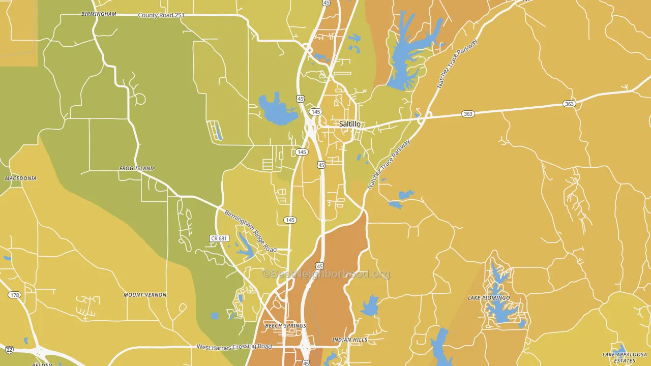 Map of the best neighborhoods in the 38866 area, with better matches in green and worse matches in red