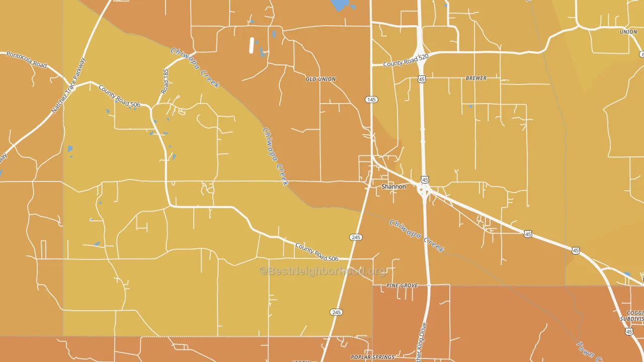 Map of the best neighborhoods in the 38868 area, with better matches in green and worse matches in red