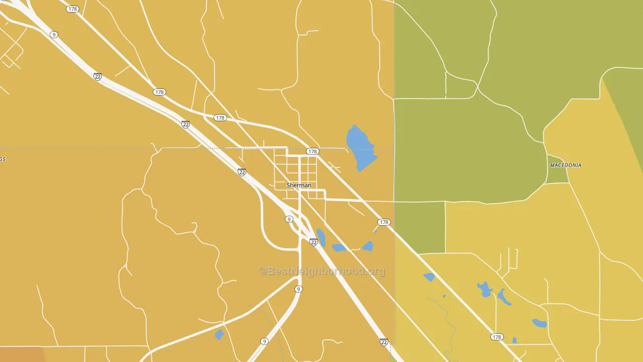 Map of the best neighborhoods in the 38869 area, with better matches in green and worse matches in red