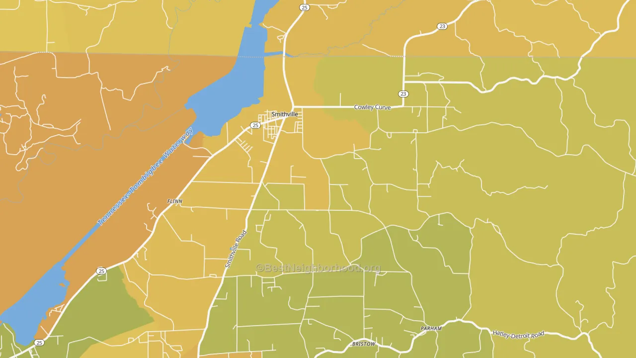 Map of the best neighborhoods in the 38870 area, with better matches in green and worse matches in red