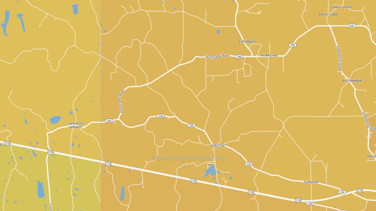 Map of the best neighborhoods in the 38871 area, with better matches in green and worse matches in red