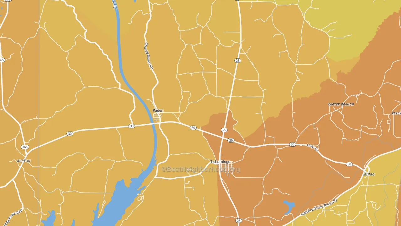 Map of the best neighborhoods in the 38873 area, with better matches in green and worse matches in red