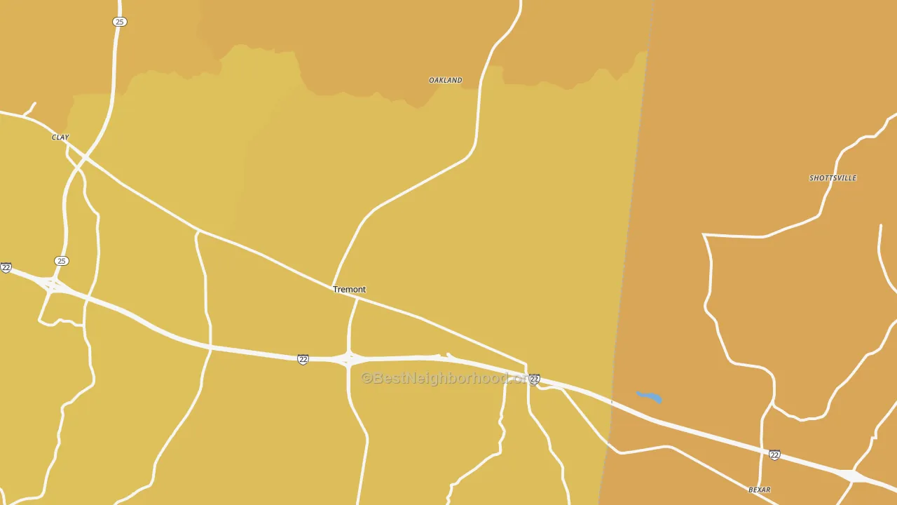 Map of the best neighborhoods in the 38876 area, with better matches in green and worse matches in red