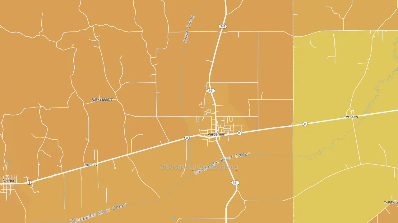 Map of the best neighborhoods in the 38878 area, with better matches in green and worse matches in red