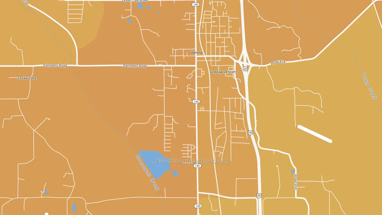 Map of the best neighborhoods in the 38879 area, with better matches in green and worse matches in red