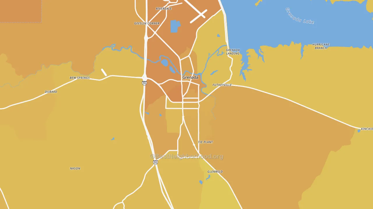 Map of the best neighborhoods in the 38901 area, with better matches in green and worse matches in red