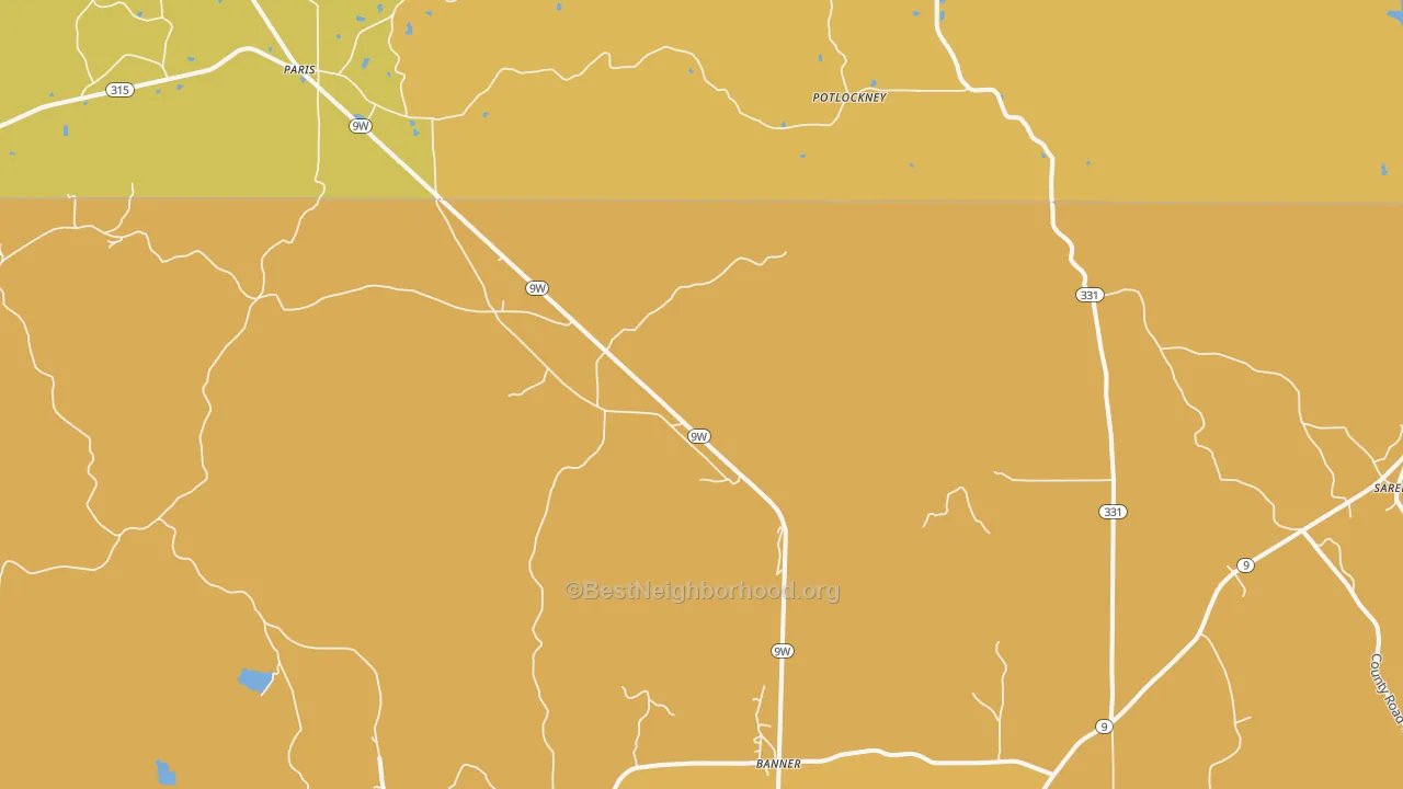 Map of the best neighborhoods in the 38913 area, with better matches in green and worse matches in red