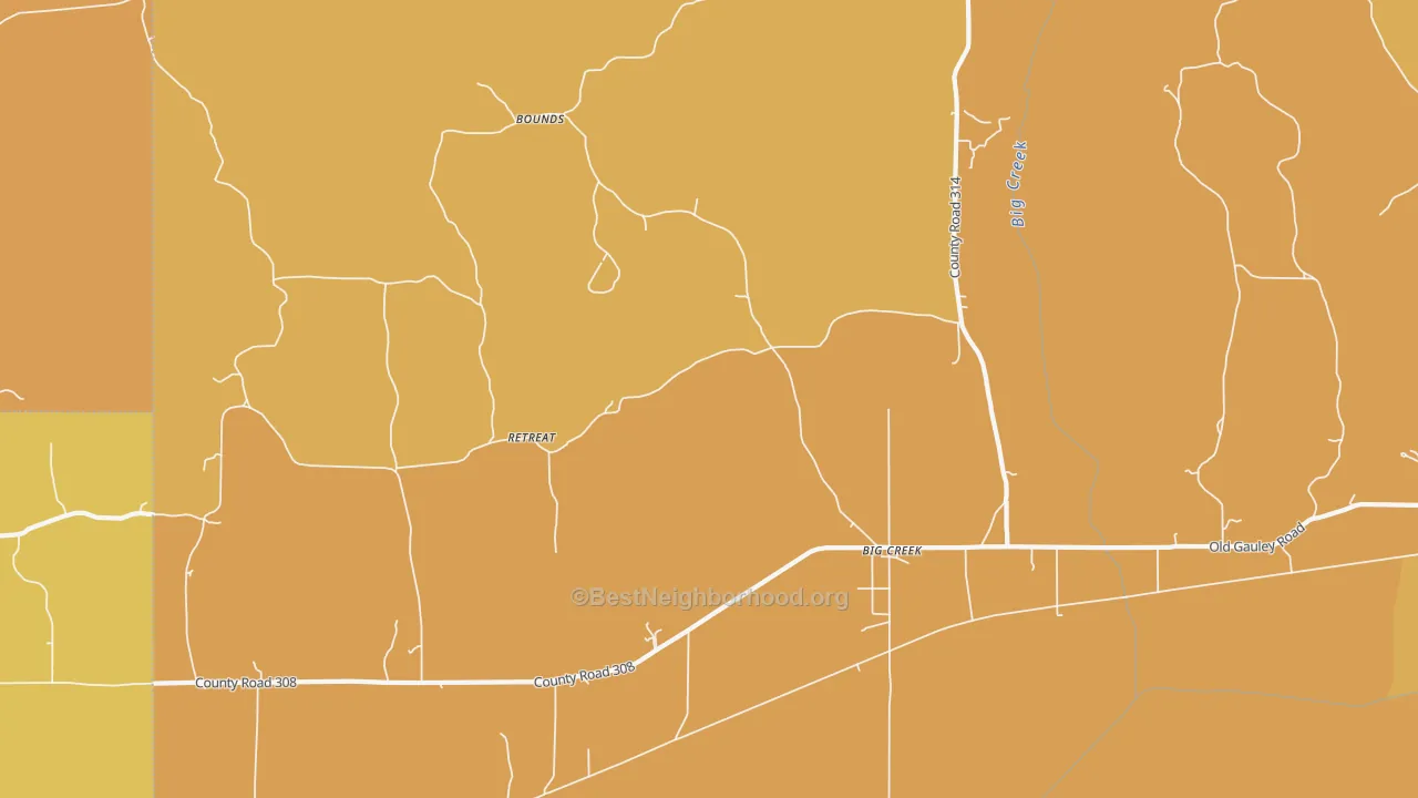 Map of the best neighborhoods in the 38914 area, with better matches in green and worse matches in red
