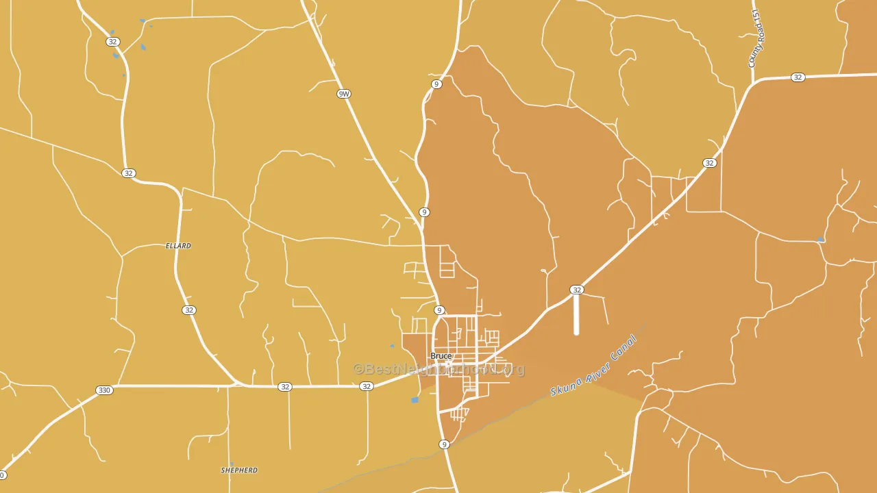 Map of the best neighborhoods in the 38915 area, with better matches in green and worse matches in red