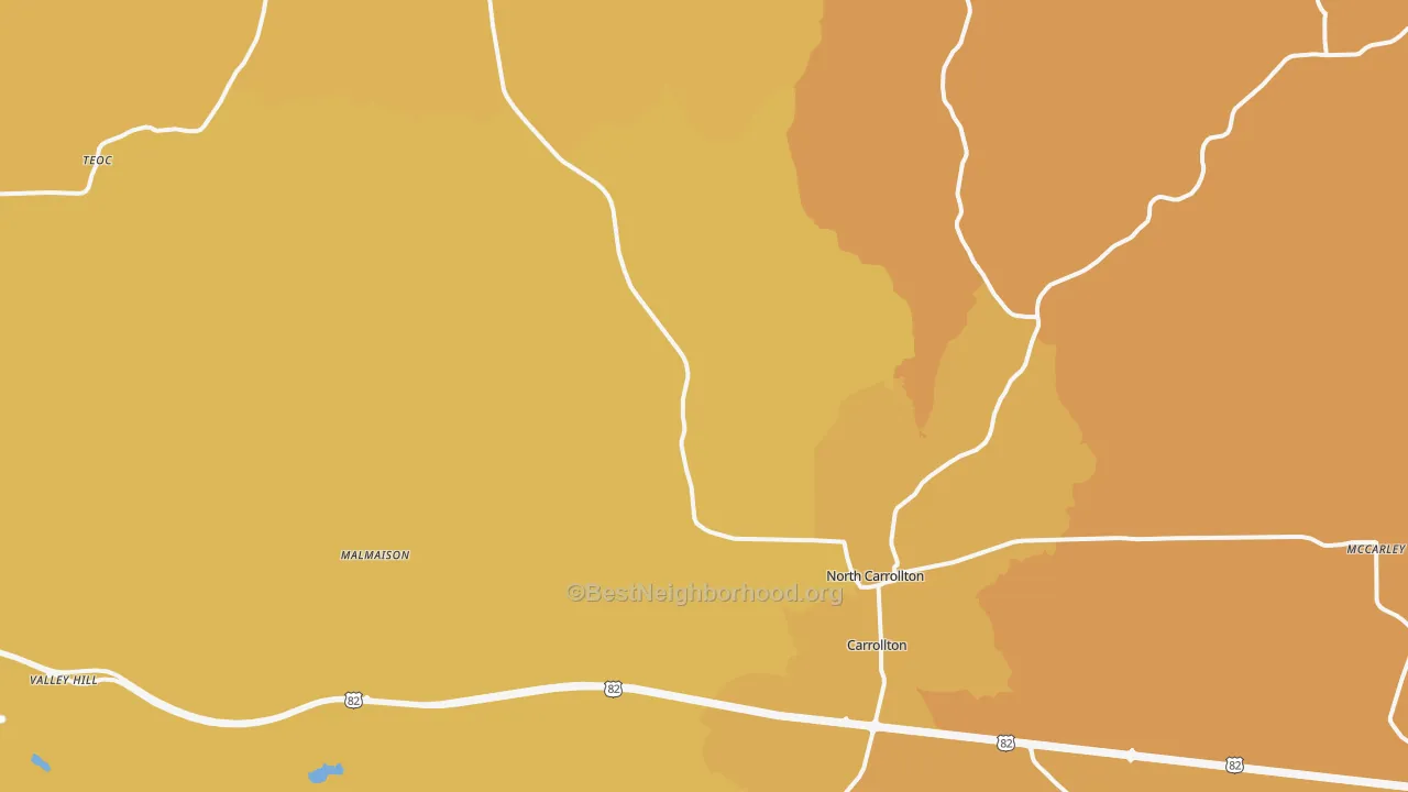 Map of the best neighborhoods in the 38917 area, with better matches in green and worse matches in red