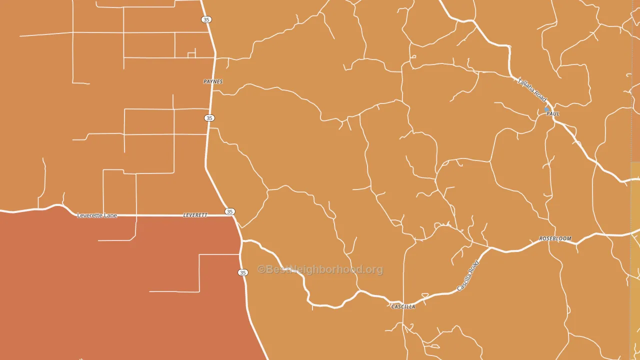 Map of the best neighborhoods in the 38920 area, with better matches in green and worse matches in red