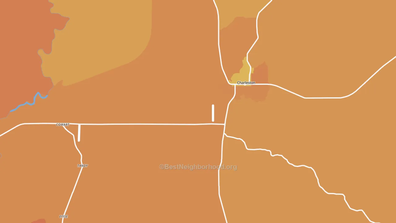 Map of the best neighborhoods in the 38921 area, with better matches in green and worse matches in red