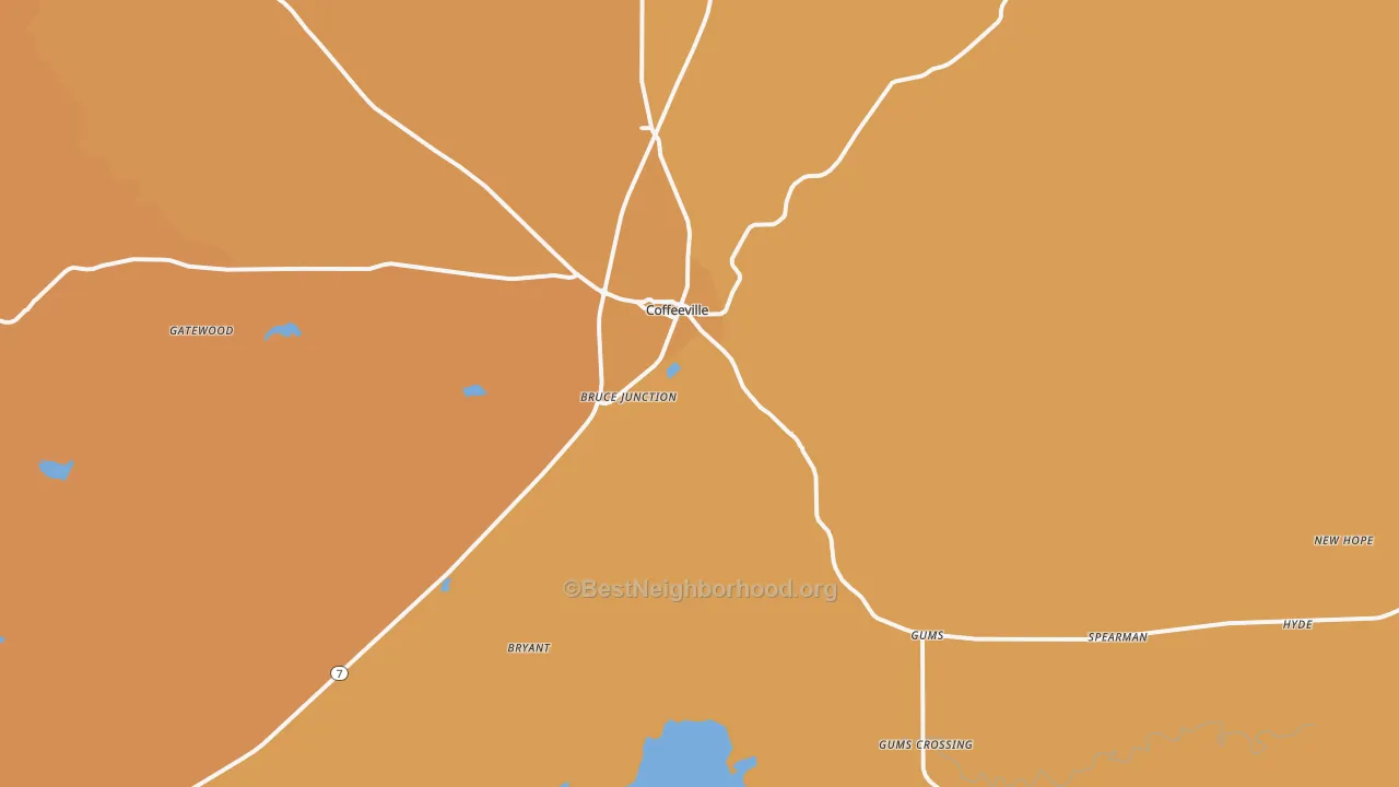 Map of the best neighborhoods in the 38922 area, with better matches in green and worse matches in red