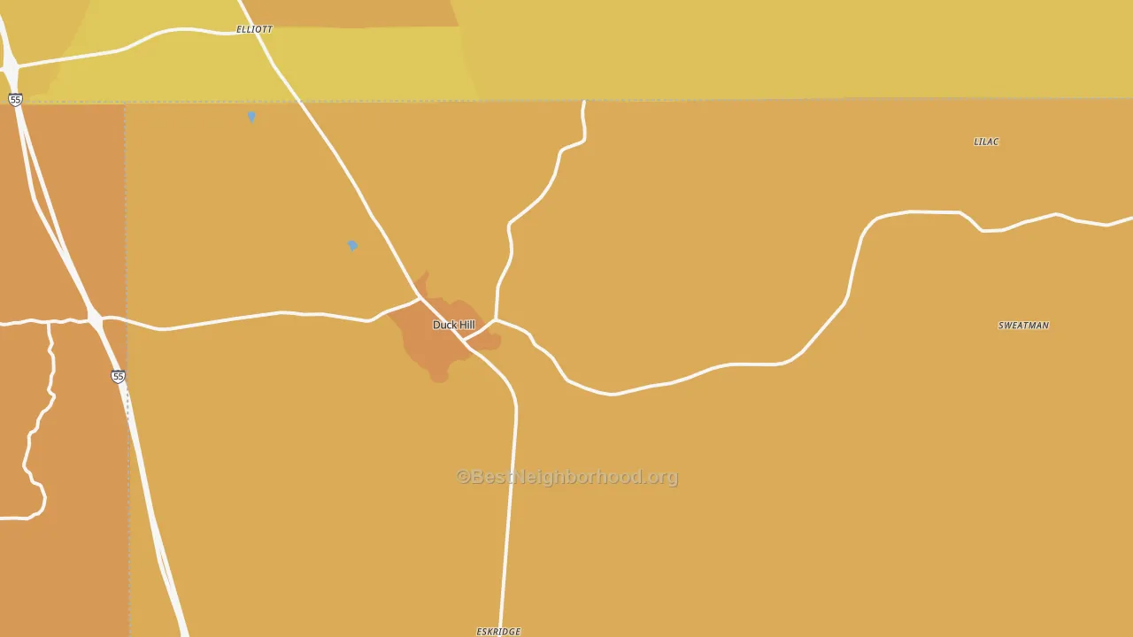 Map of the best neighborhoods in the 38925 area, with better matches in green and worse matches in red