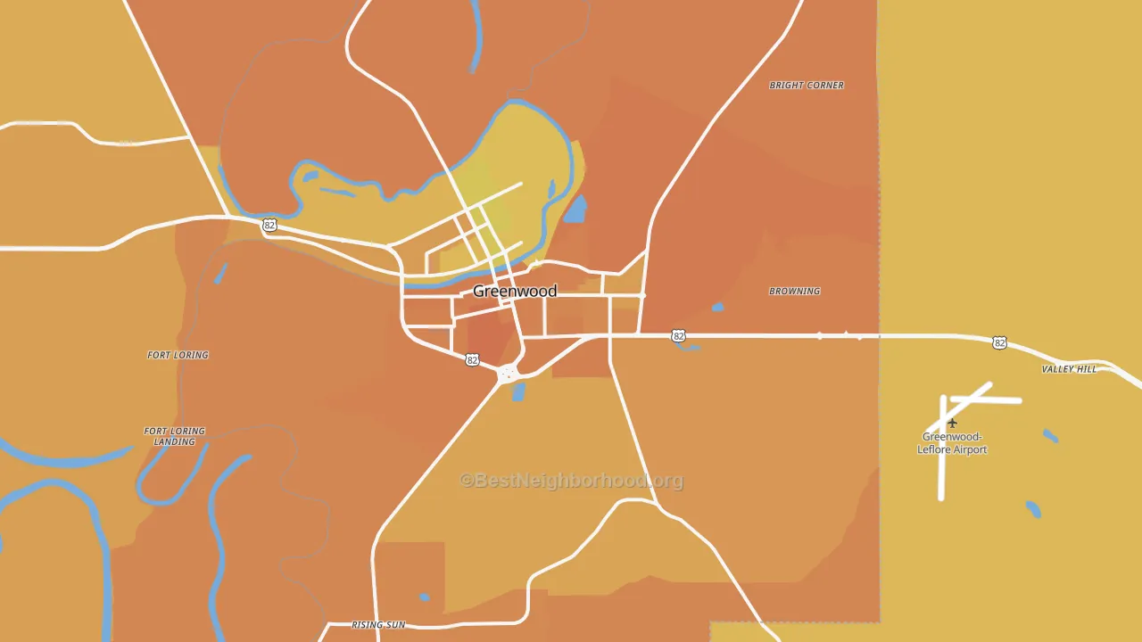 Map of the best neighborhoods in the 38930 area, with better matches in green and worse matches in red