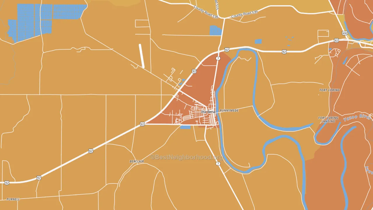 Map of the best neighborhoods in the 38941 area, with better matches in green and worse matches in red