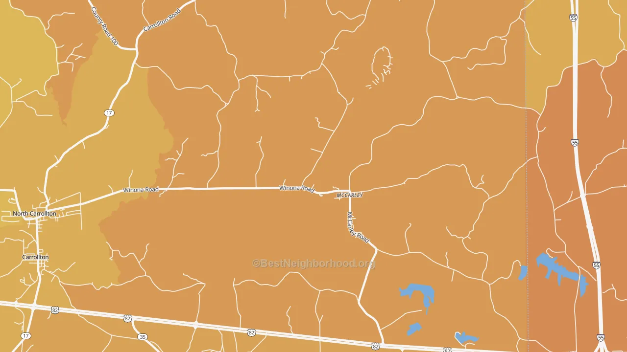 Map of the best neighborhoods in the 38943 area, with better matches in green and worse matches in red