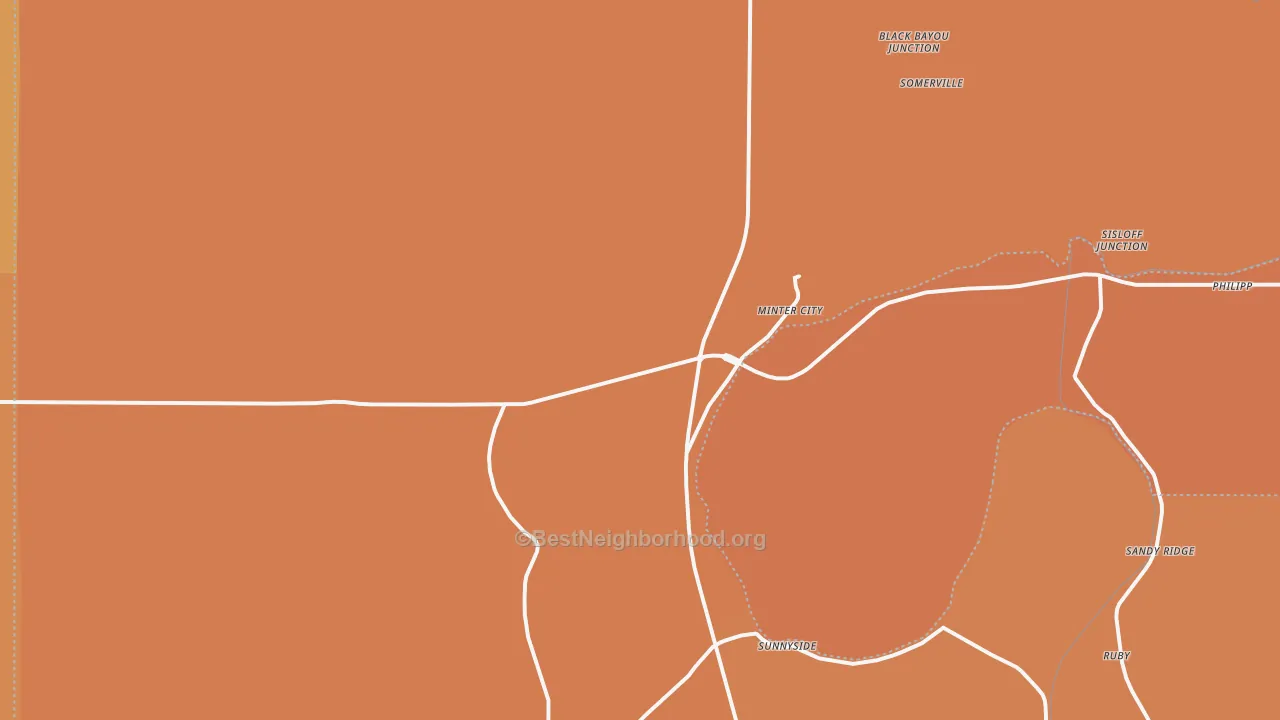 Map of the best neighborhoods in the 38944 area, with better matches in green and worse matches in red