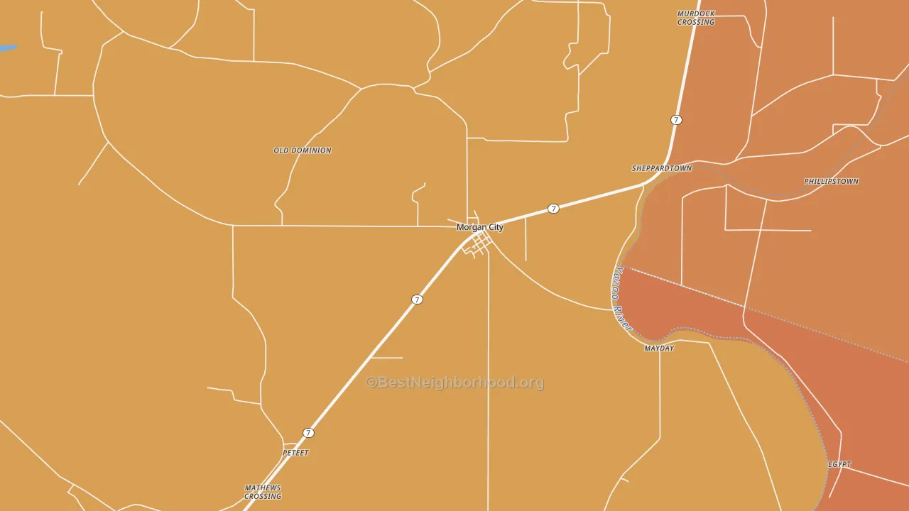 Map of the best neighborhoods in the 38946 area, with better matches in green and worse matches in red