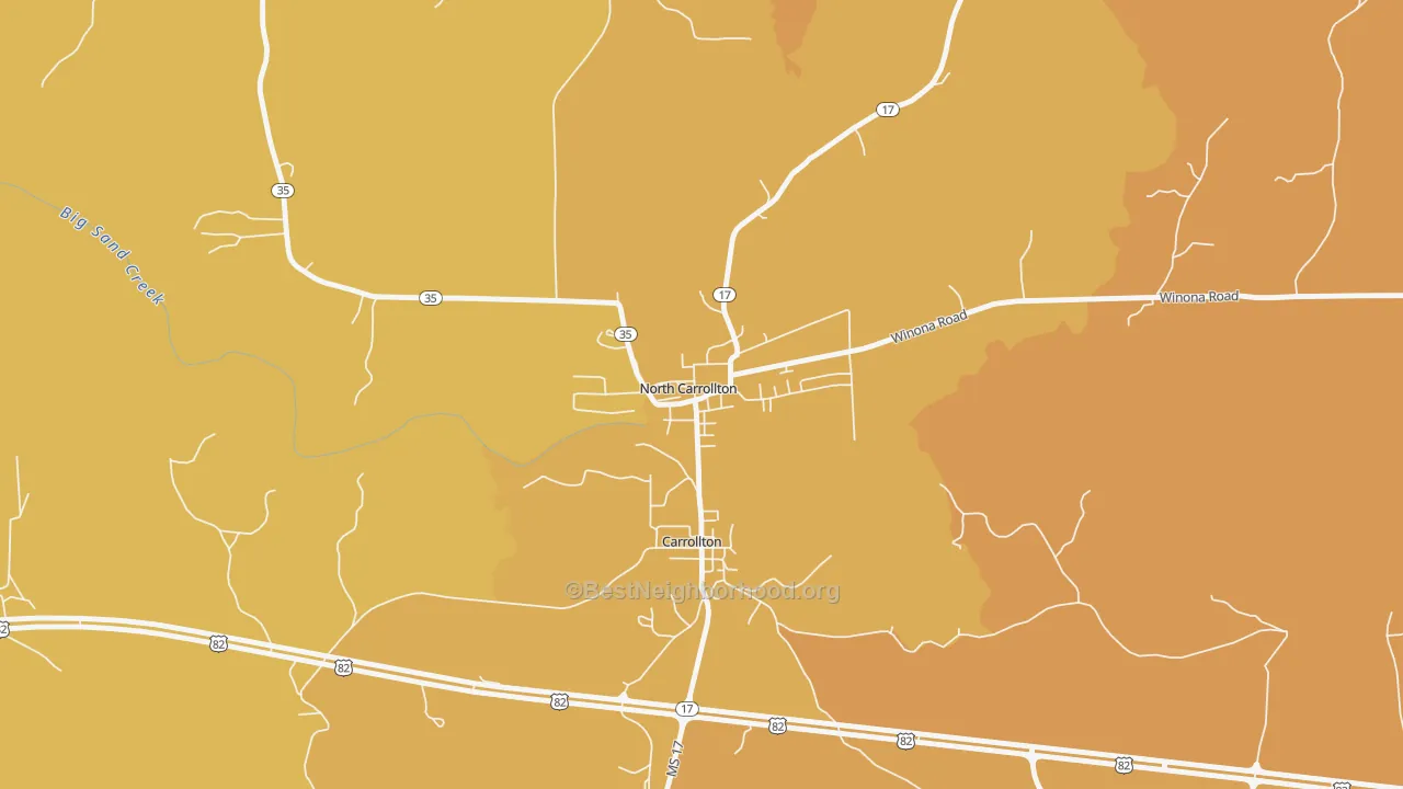Map of the best neighborhoods in the 38947 area, with better matches in green and worse matches in red