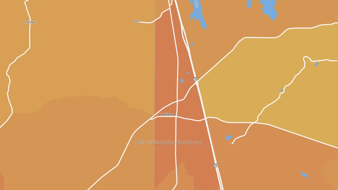 Map of the best neighborhoods in the 38948 area, with better matches in green and worse matches in red
