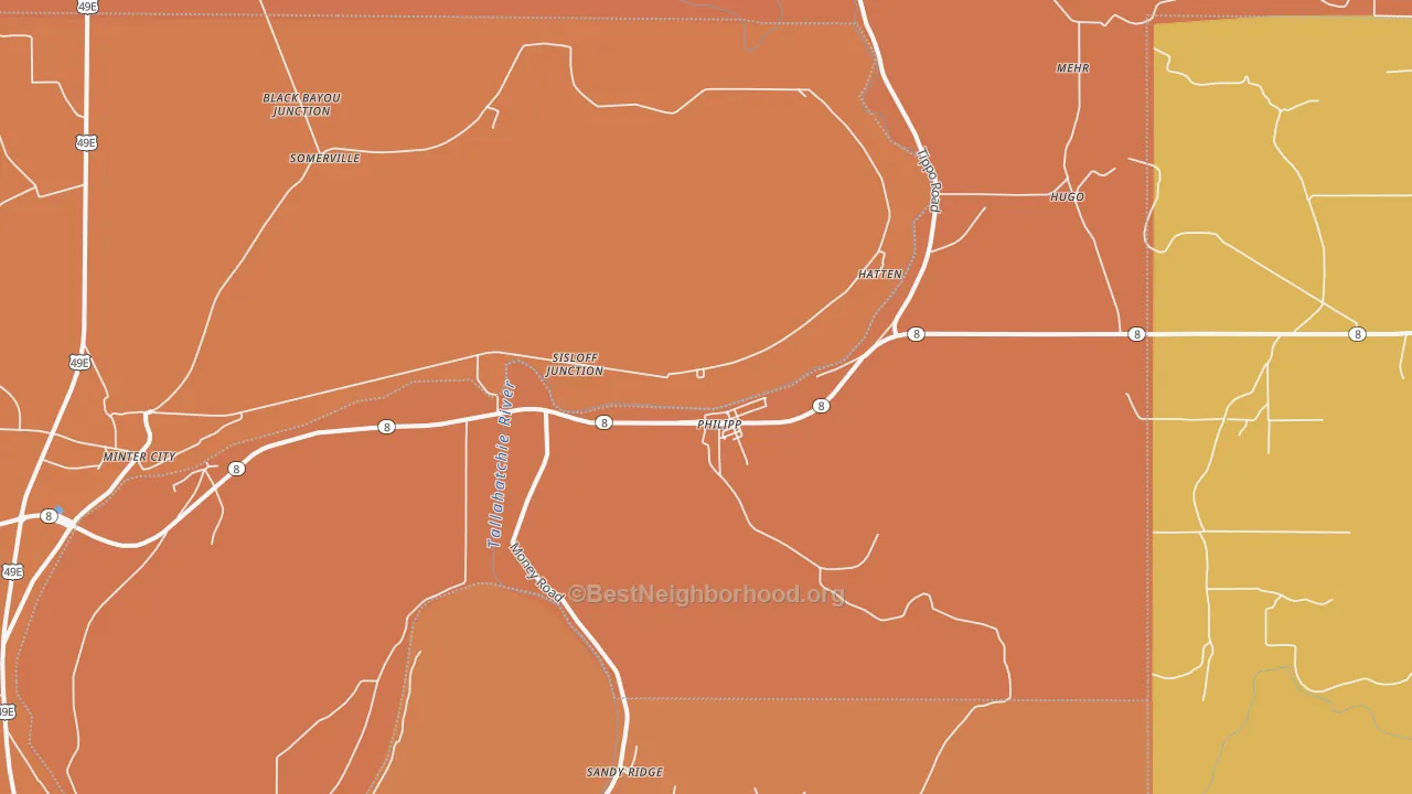 Map of the best neighborhoods in the 38950 area, with better matches in green and worse matches in red