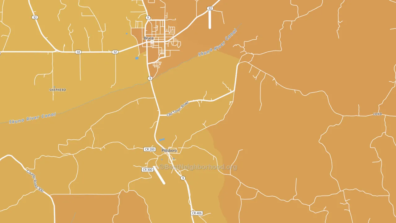 Map of the best neighborhoods in the 38951 area, with better matches in green and worse matches in red