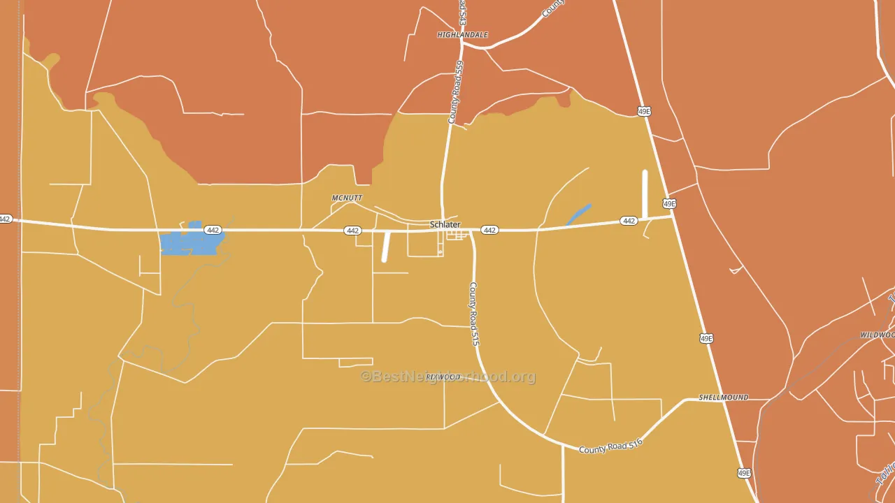 Map of the best neighborhoods in the 38952 area, with better matches in green and worse matches in red
