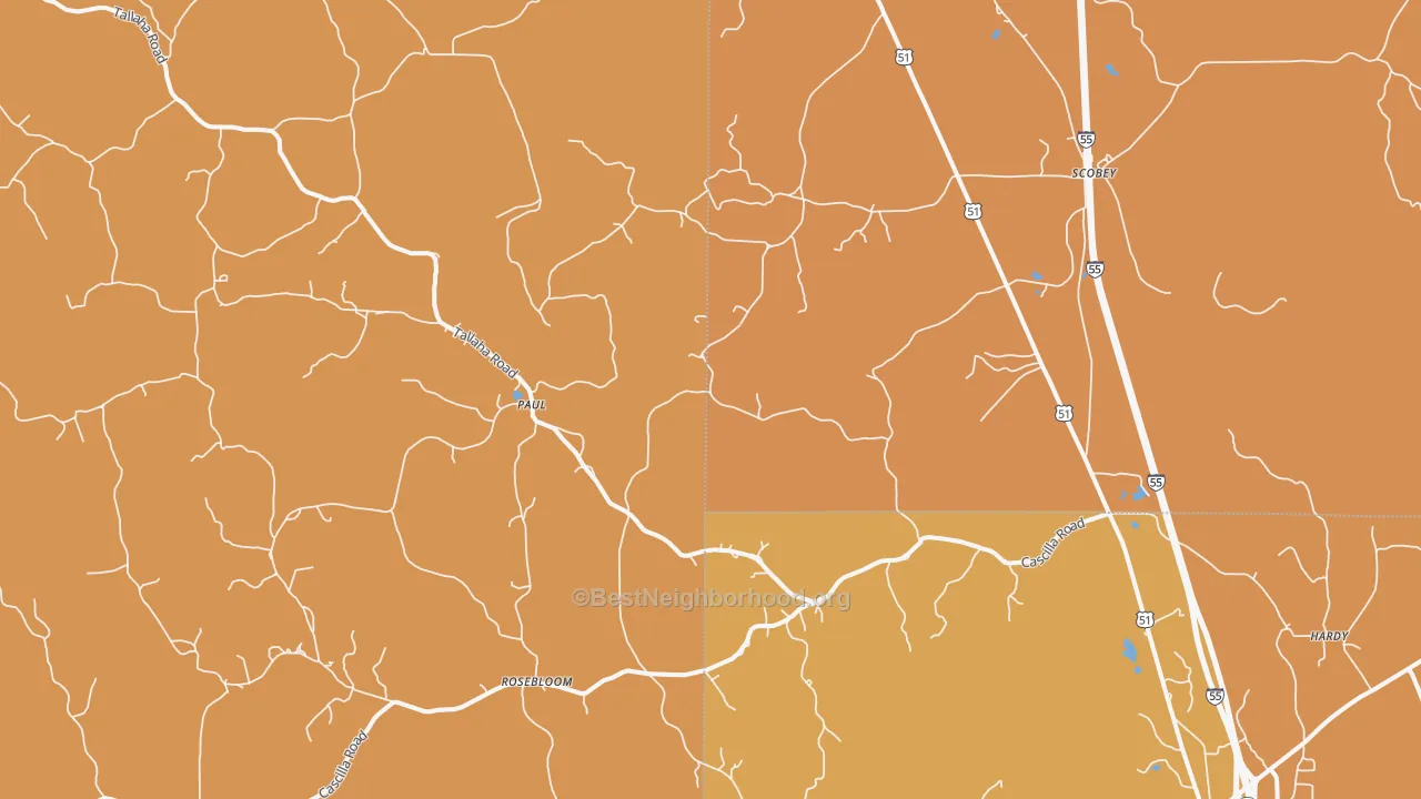 Map of the best neighborhoods in the 38953 area, with better matches in green and worse matches in red