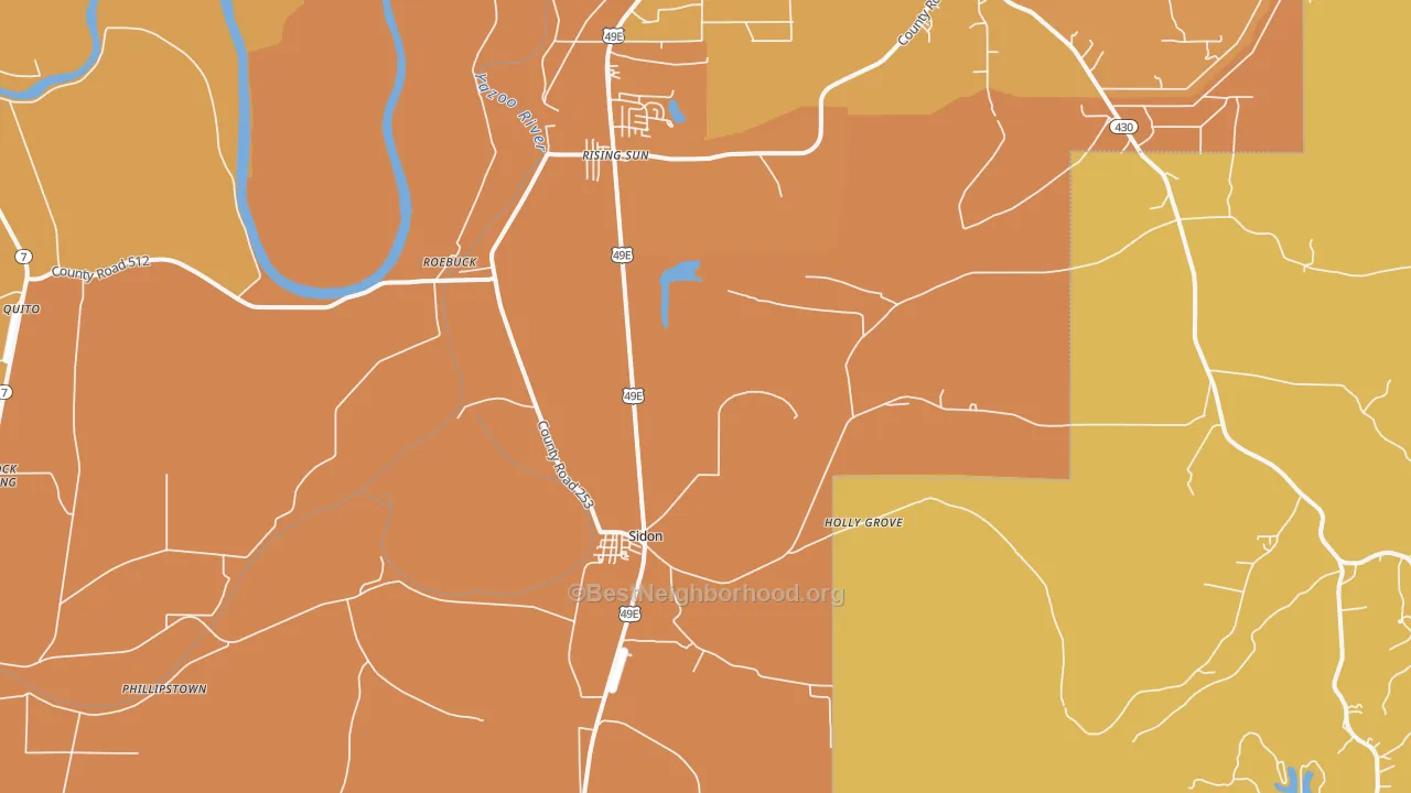 Map of the best neighborhoods in the 38954 area, with better matches in green and worse matches in red