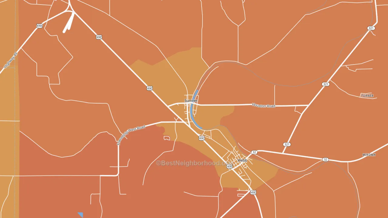 Map of the best neighborhoods in the 38957 area, with better matches in green and worse matches in red