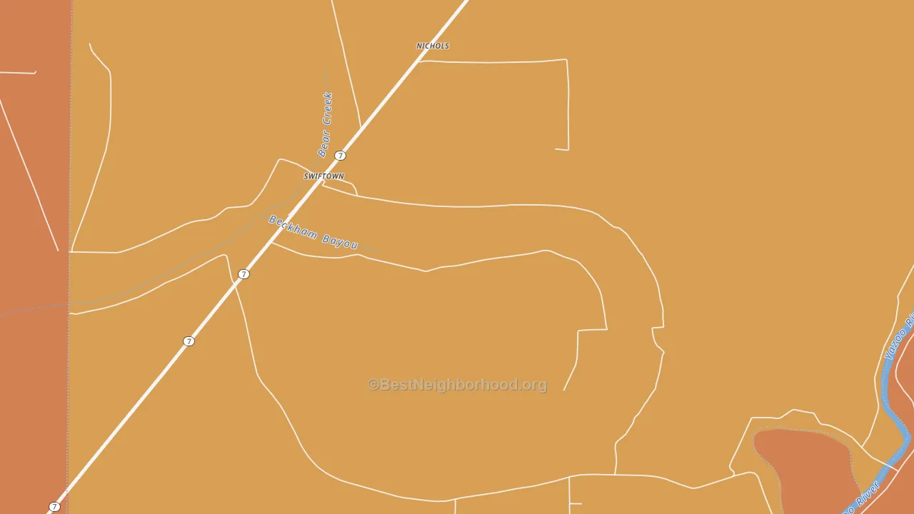 Map of the best neighborhoods in the 38959 area, with better matches in green and worse matches in red