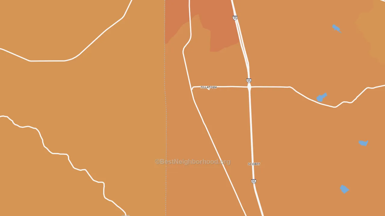 Map of the best neighborhoods in the 38961 area, with better matches in green and worse matches in red