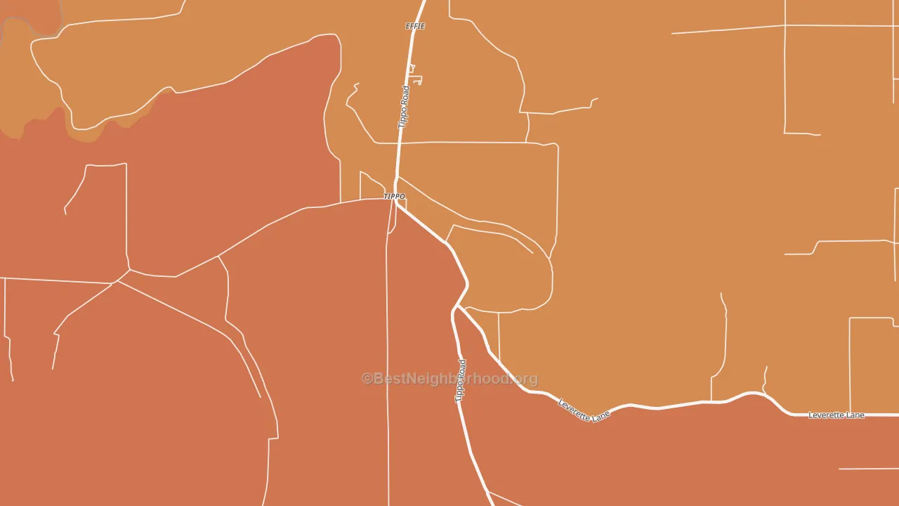 Map of the best neighborhoods in the 38962 area, with better matches in green and worse matches in red