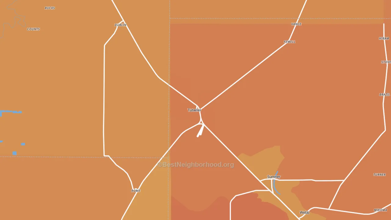 Map of the best neighborhoods in the 38963 area, with better matches in green and worse matches in red