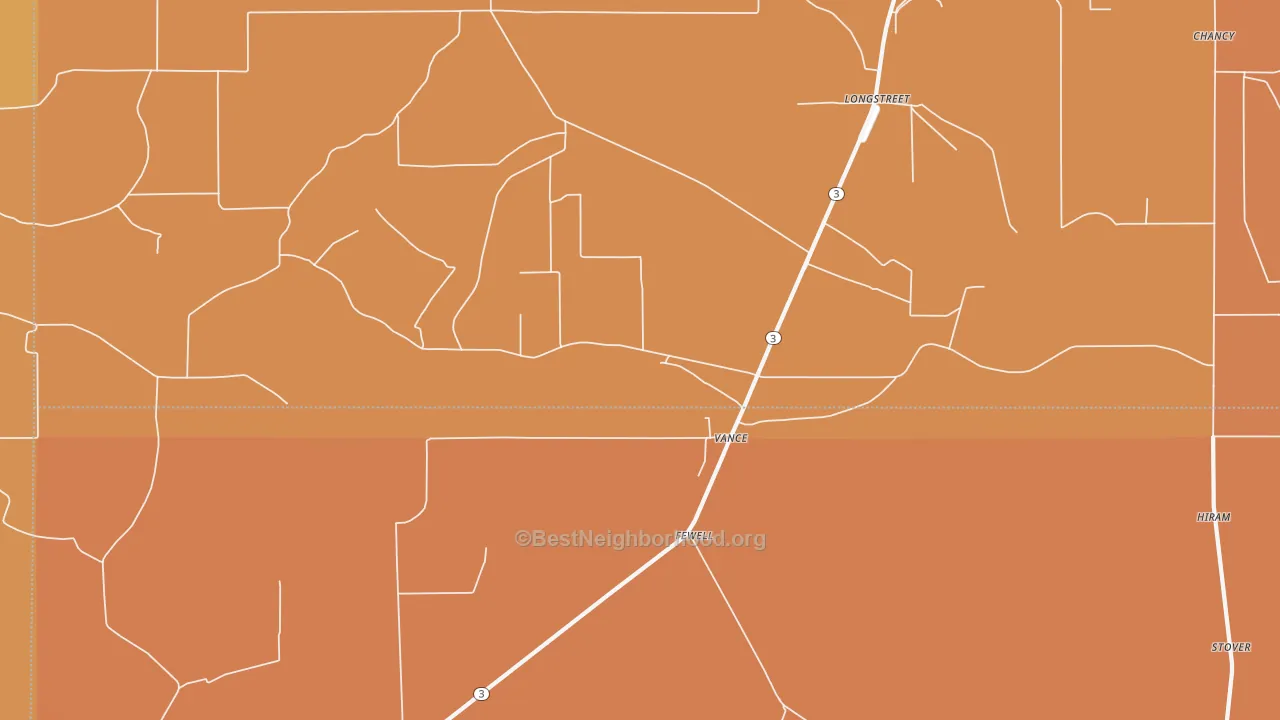 Map of the best neighborhoods in the 38964 area, with better matches in green and worse matches in red