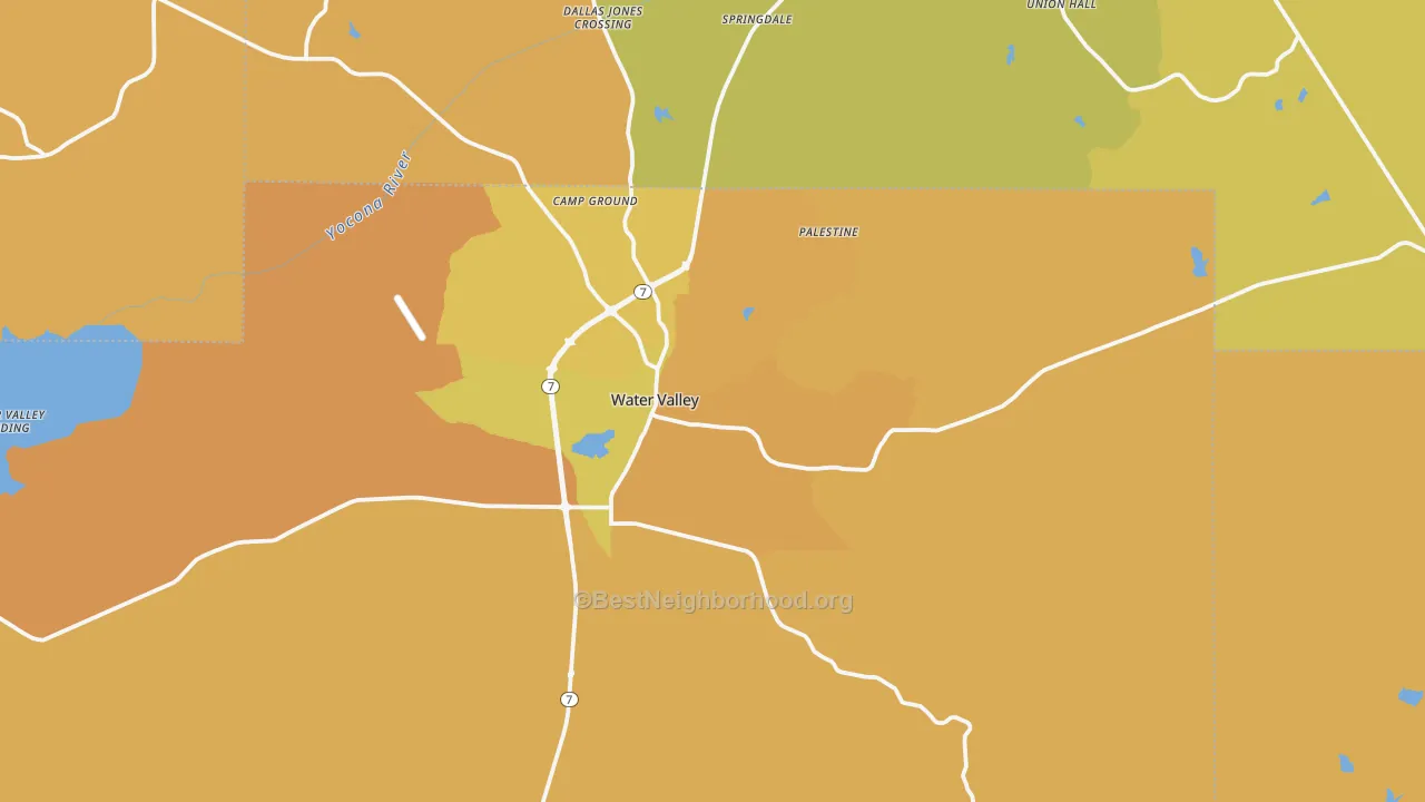 Map of the best neighborhoods in the 38965 area, with better matches in green and worse matches in red