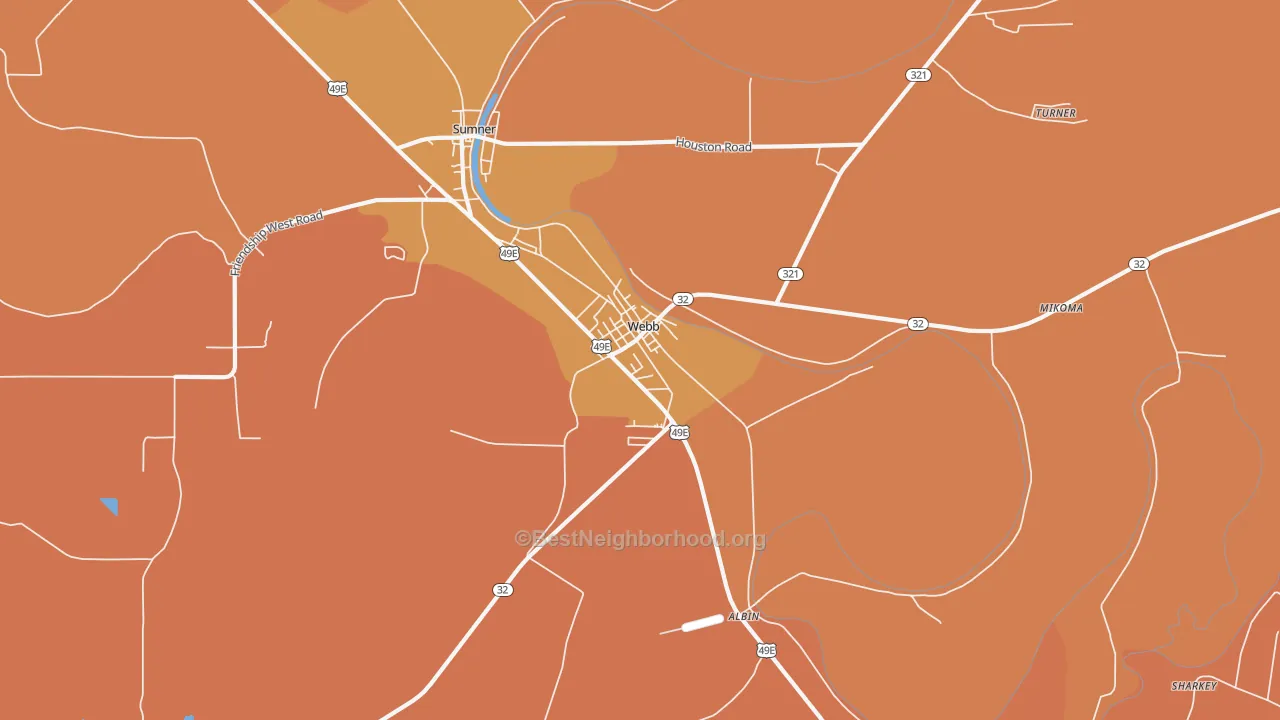 Map of the best neighborhoods in the 38966 area, with better matches in green and worse matches in red
