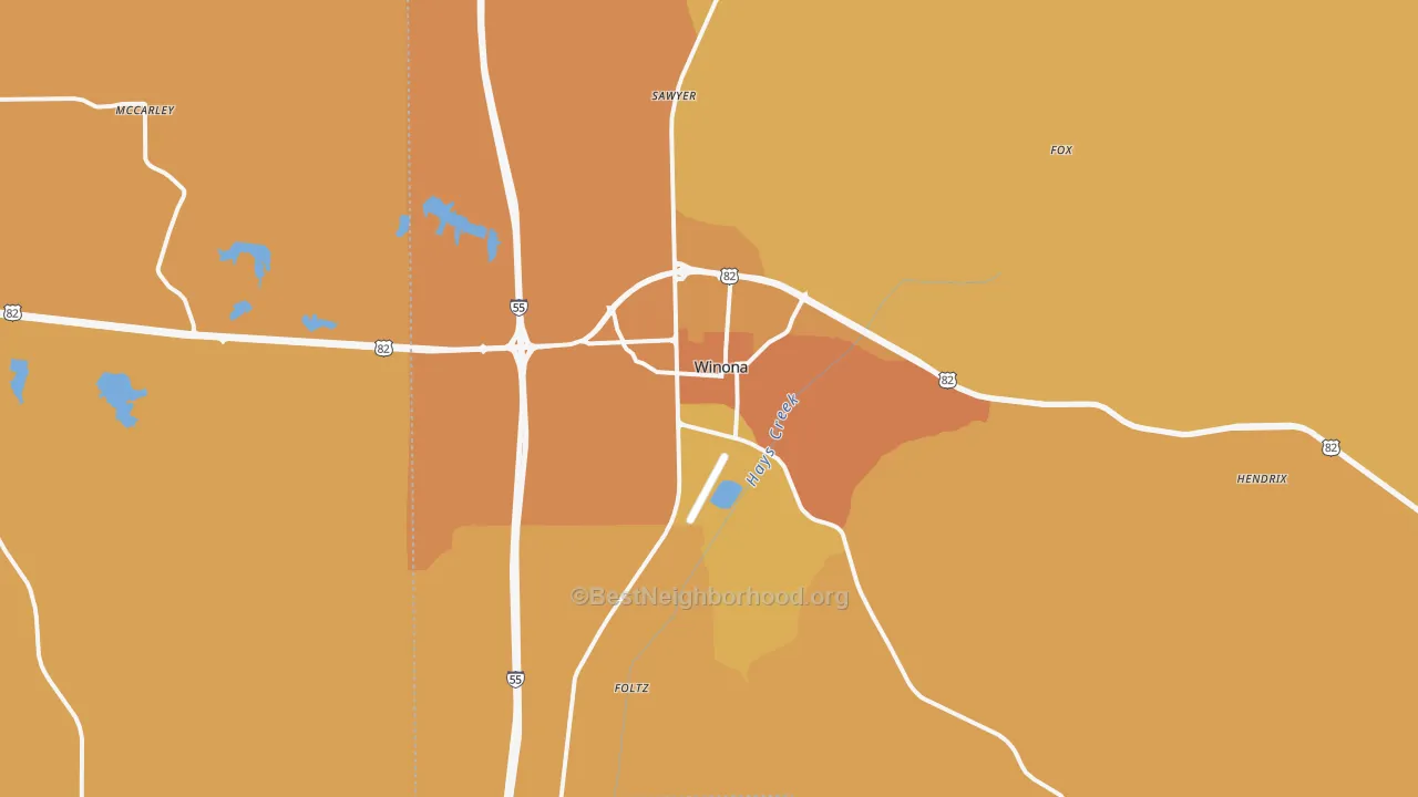 Map of the best neighborhoods in the 38967 area, with better matches in green and worse matches in red