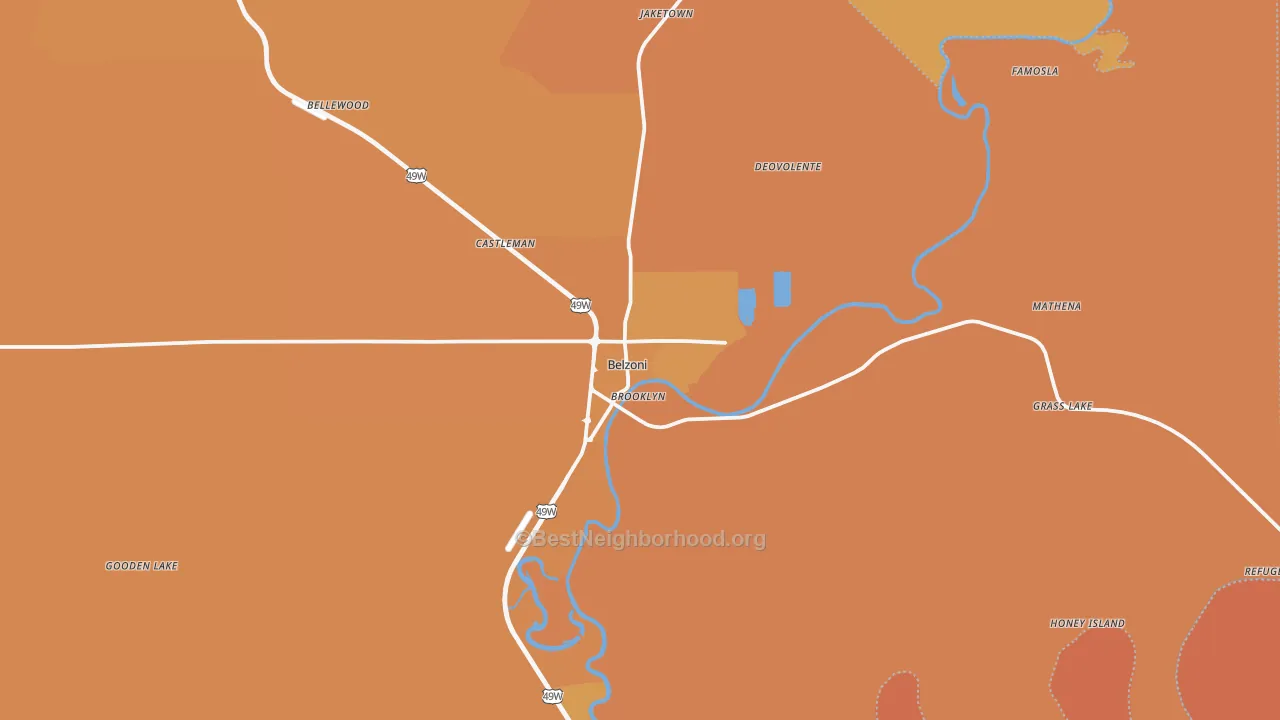 Map of the best neighborhoods in the 39038 area, with better matches in green and worse matches in red