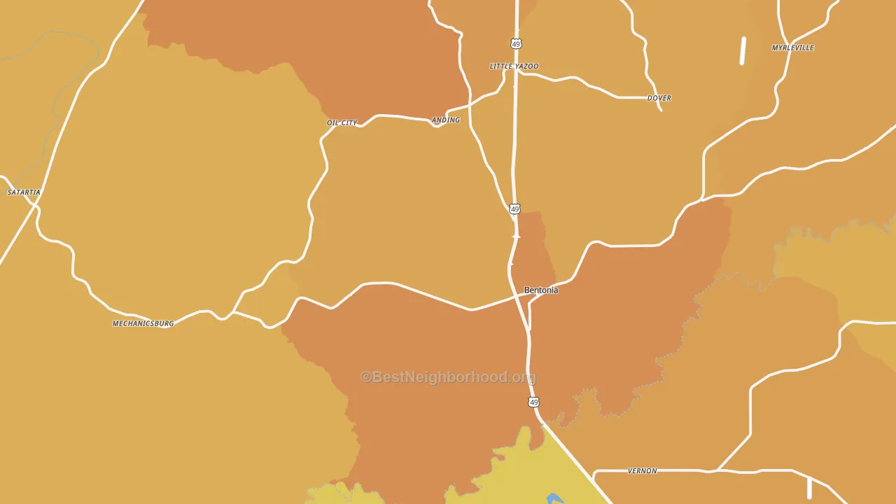 Map of the best neighborhoods in the 39040 area, with better matches in green and worse matches in red