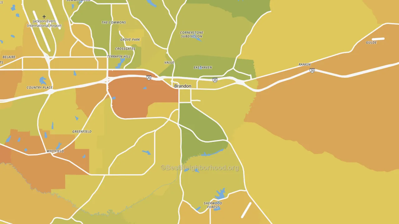 Map of the best neighborhoods in the 39042 area, with better matches in green and worse matches in red