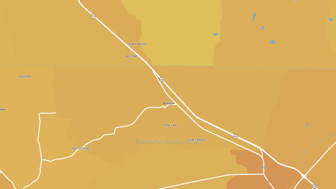 Map of the best neighborhoods in the 39044 area, with better matches in green and worse matches in red