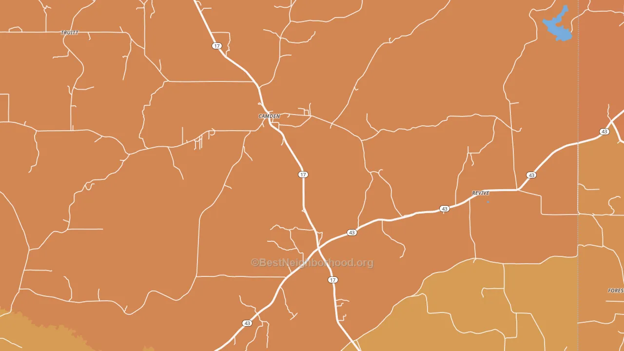 Map of the best neighborhoods in the 39045 area, with better matches in green and worse matches in red