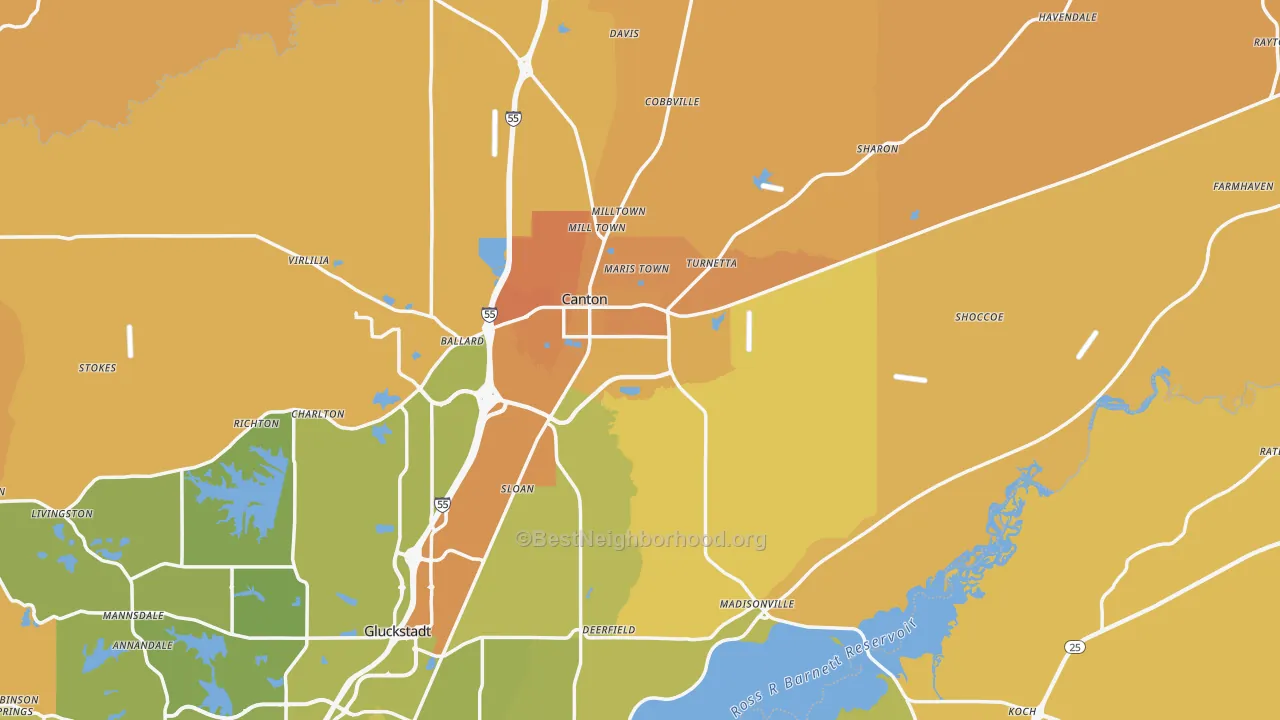 Map of the best neighborhoods in the 39046 area, with better matches in green and worse matches in red