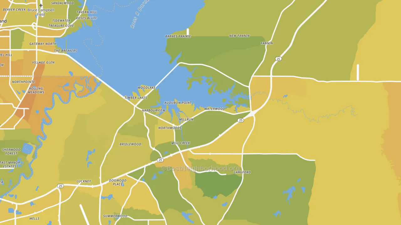 Map of the best neighborhoods in the 39047 area, with better matches in green and worse matches in red