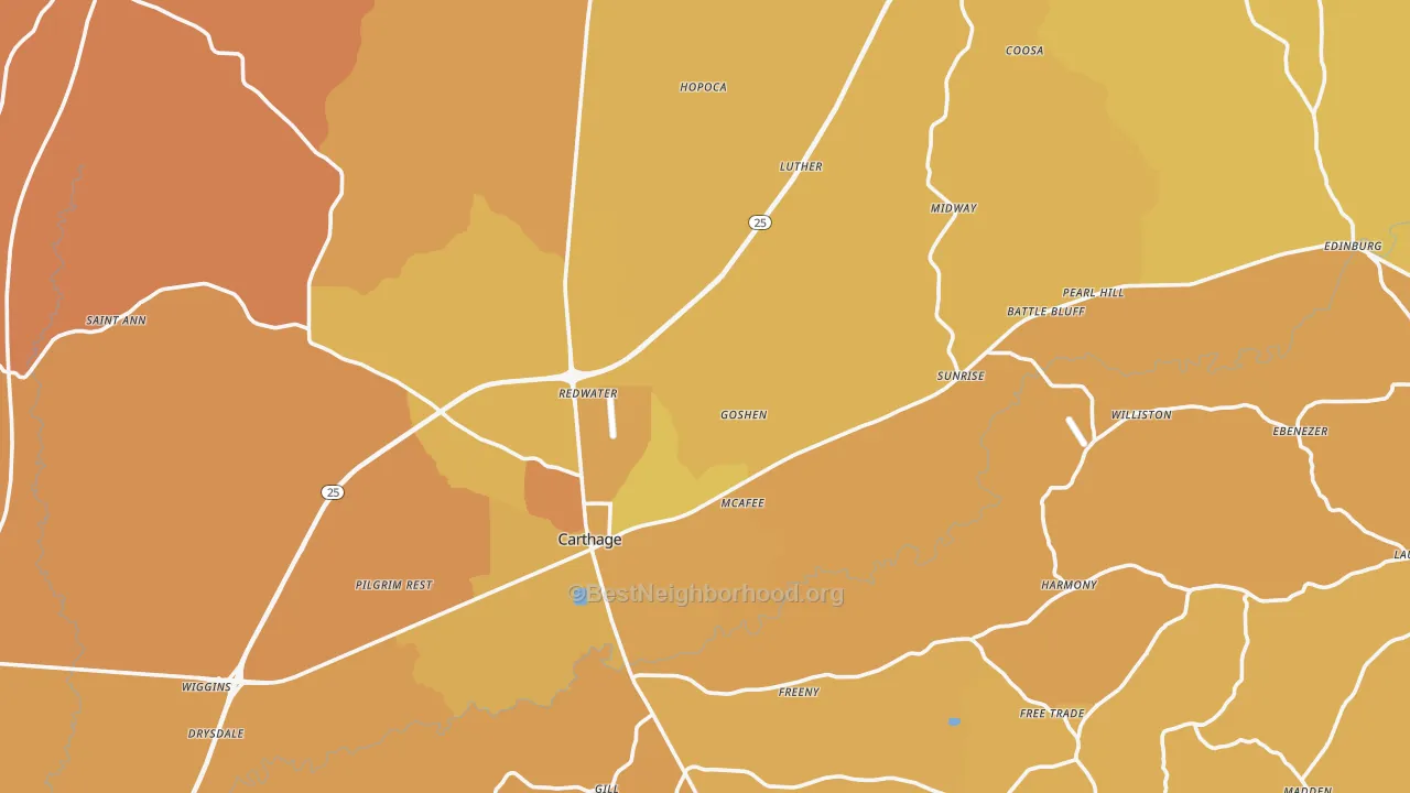 Map of the best neighborhoods in the 39051 area, with better matches in green and worse matches in red