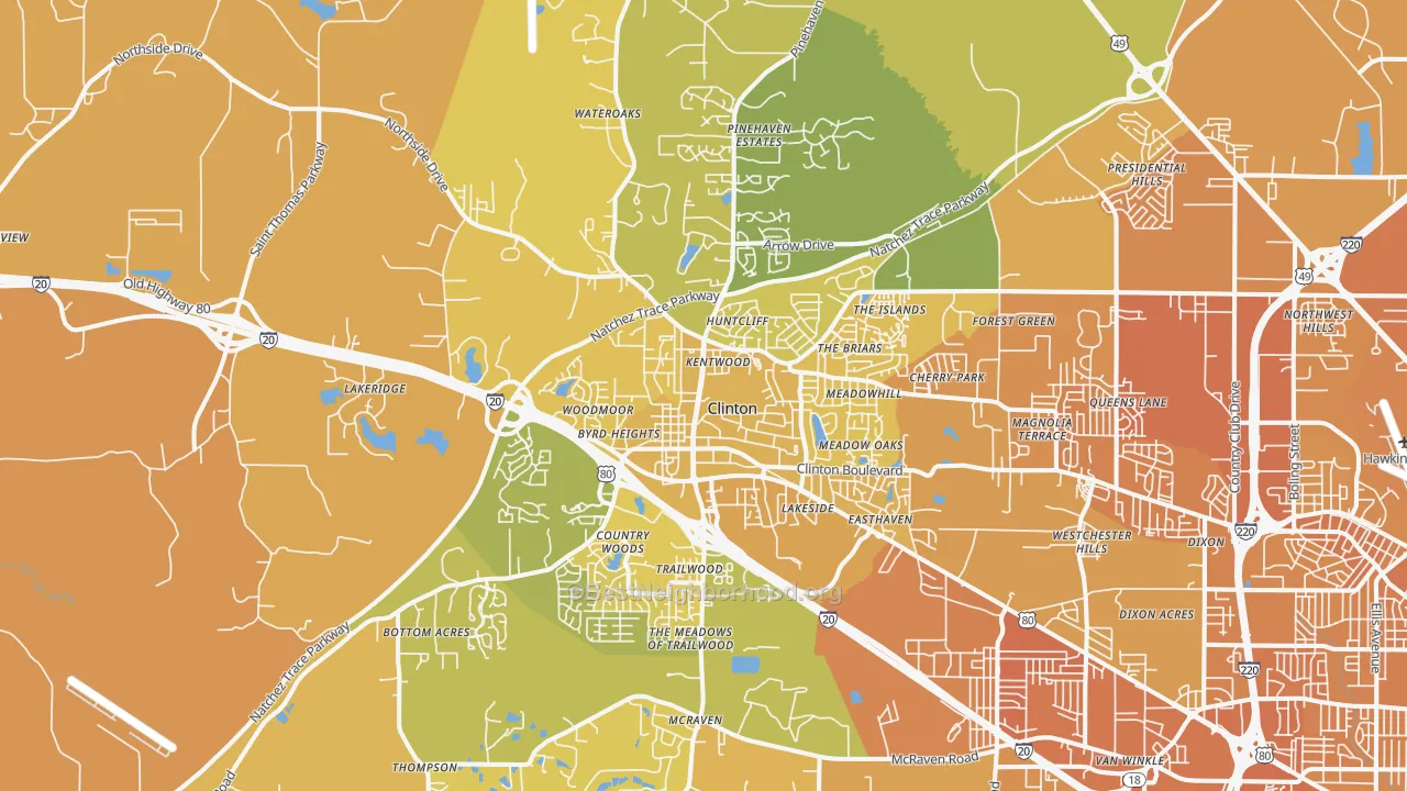 Map of the best neighborhoods in the 39056 area, with better matches in green and worse matches in red