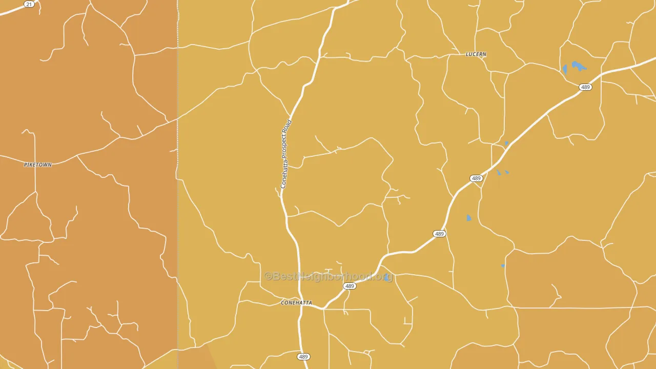 Map of the best neighborhoods in the 39057 area, with better matches in green and worse matches in red