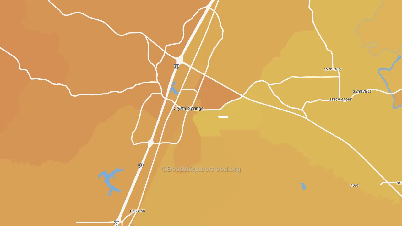 Map of the best neighborhoods in the 39059 area, with better matches in green and worse matches in red
